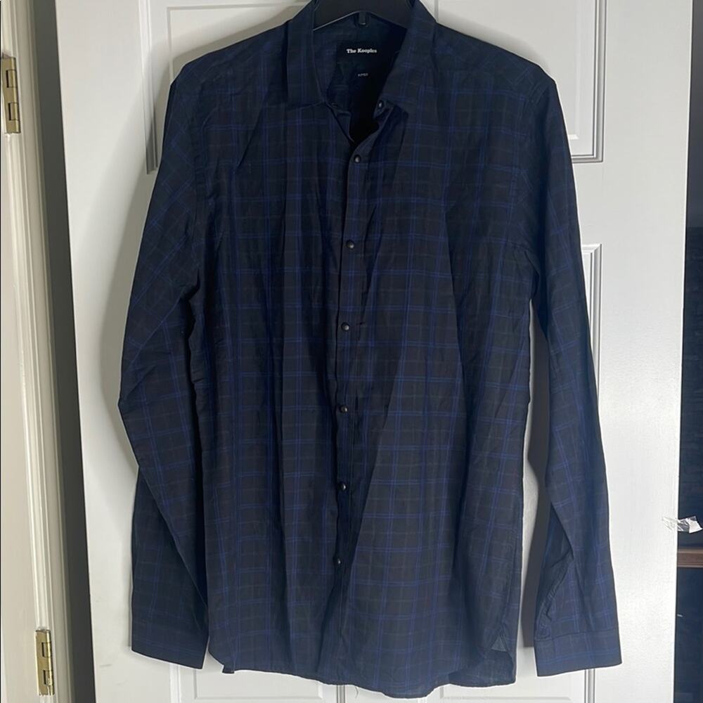 The Kooples Blue Casual Button Down Shirt with Subtle Check Pattern. Fitted larg